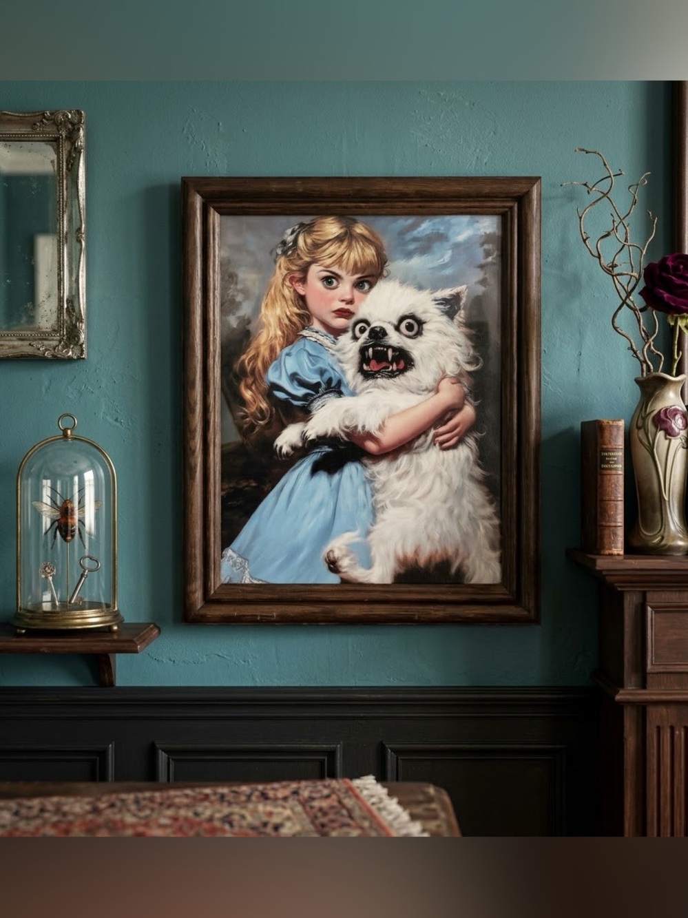 Surreal Spooky Whimsical Girl w/ Dog Scary Canvas Art Print Vintage Framed Art